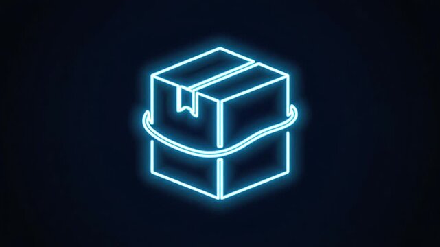 Neon glowing outline of a delivery package box with a circular arrow, symbolizing product return, exchange, or reverse logistics in e-commerce.