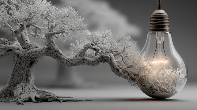 Ancient Tree Growing Around Glowing Light Bulb