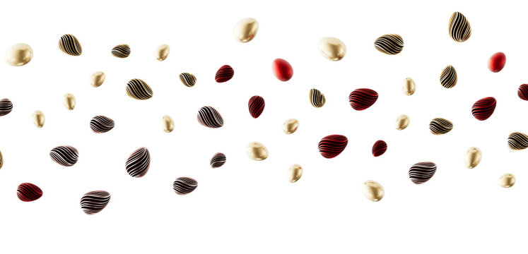 Elegant abstract composition of golden, red and striped objects floating against a clean white backdrop. Perfect for mod