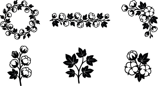 Floral vector borders with rose motifs and leaves in black silhouette