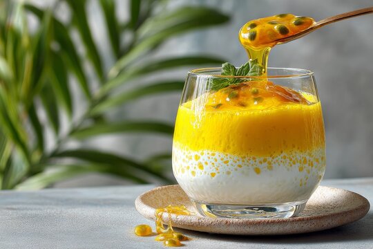 Layered passion fruit panna cotta in glass, yellow top white bottom, plated on ceramic with spoon dripping pulp, suitable for tropical dessert styling and summer menu photography