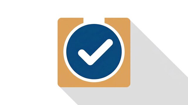 Flat design vector icon: white checkmark in blue circle on brown square with long shadow, symbolizing completion, success, approval, and verification.