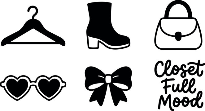 Fashion icons including hanger boot bag bow heart sunglasses and mood text