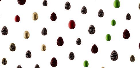 Decorative Easter eggs scattered on a white background, perfect for holiday greetings, invitations, and design projects. © vegefox.com