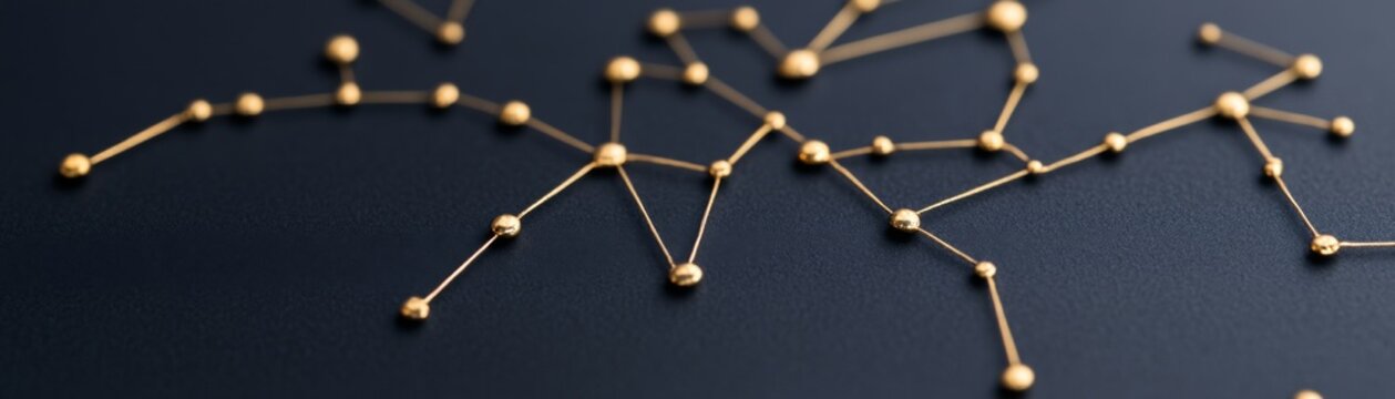 Abstract network of interconnected golden spheres and lines on a dark background with shallow DOF. Represents data, AI, blockchain, global connection, or complex systems. ,digital,
