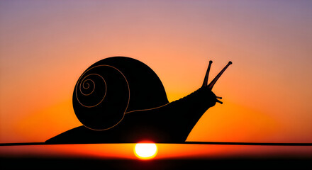 A silhouette of a snail moving across a wire against a beautiful vibrant orange sunset background © SK ARAFAT prime art