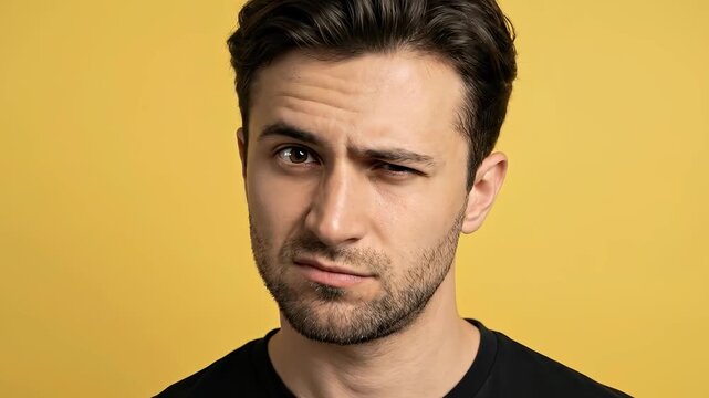 Young Caucasian man is looking at the camera with a skeptical, squinting expression, winking one eye. On a yellow background.