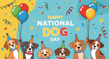 Obraz premium Happy national dog day celebration with dogs wearing party hats and balloons