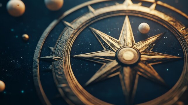 Close-up Ornate golden compass rose on a dark, shimmering starry background with floating spheres. Symbolizes cosmic guidance and destiny's path, Navigation, Celestial