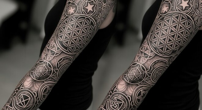 Intricate geometric and sacred patterns cover the entirety of a person's arm in detailed black ink.