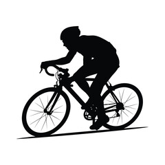 Obraz premium Silhouette of a cyclist riding a road bike, intense focus and motion against a stark white background