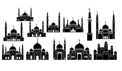 Islamic architecture silhouettes set mosques minarets domes and arabic buildings vector © Sadman