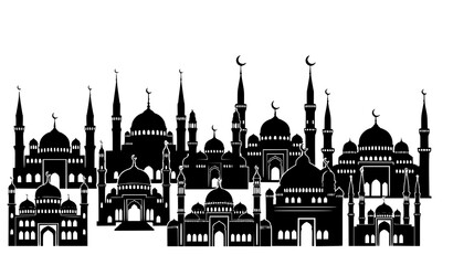 Islamic mosque skyline silhouette set with domes and crescent minarets vector cityscape © Sadman