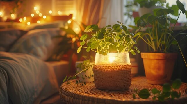 Cozy indoor scene with soft, warm lighting. Lush green plants rest on a rustic table. Candles glow, casting gentle shadows. Cushions and curtains add comfort and depth. Ideal for tranquil, homey