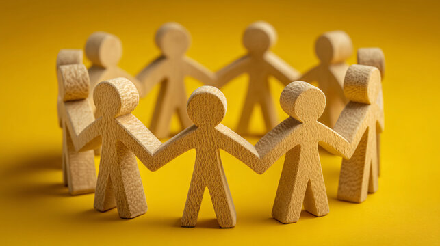 Wooden figures form a circle on a yellow backdrop symbolizing unity and cooperation