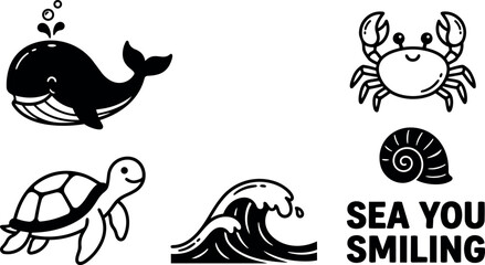 Fototapeta premium Vector line art sea life icons with whale crab turtle wave and sea you smiling