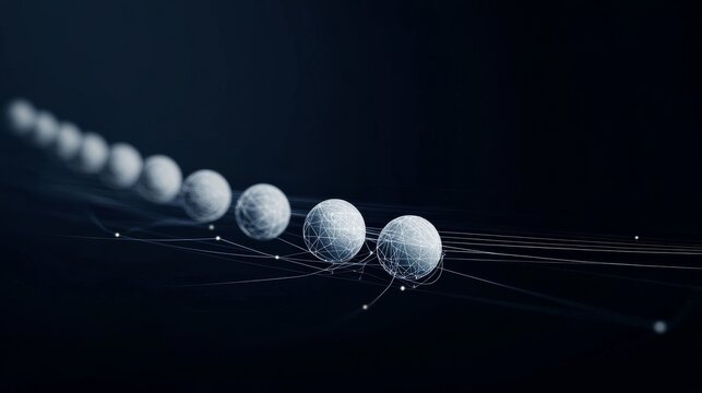 Diagonal series of wireframe globes, connected by glowing lines fading into a dark digital space. Represents evolving global networks, data flow and future tech progression. Digital,