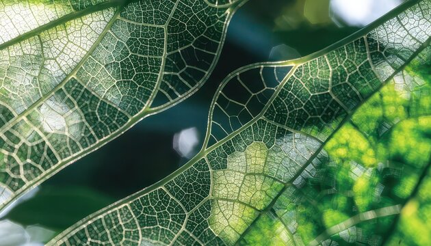 Macro leaf veins with translucent structure, abstract botanical pattern, green plant texture background, natural cellular network, eco design element for science and nature themes