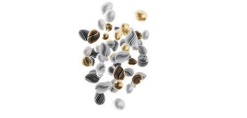 Elegant 3D rendered image of abstract eggs with different textures and colors floating against a white background. Perfe