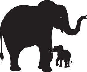 Obraz premium Silhouette of a mother elephant and her baby elephant, with the baby reaching for its mom