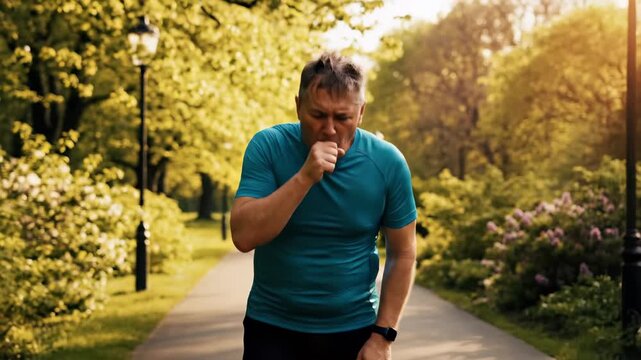In a serene urban park bathed in golden sunlight, an older man jogs with determination. His focused expression reveals the struggle of maintaining fitness, battling fatigue, and pushing boundaries.