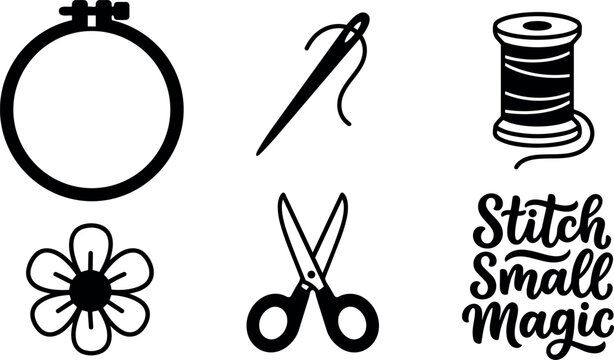 Vector art sewing icons ring needle thread spool flower scissors stitch magic script