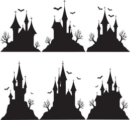Obraz premium Spooky haunted castle silhouettes on hills with bats and bare trees for Halloween