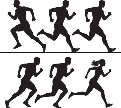 Silhouettes of men and woman running, dynamic action poses for sports and fitness themes