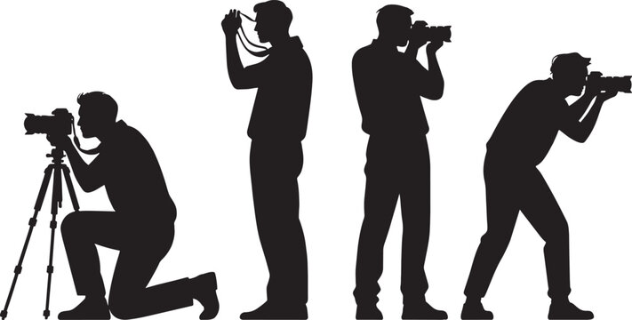Silhouettes of photographers with cameras and tripods on white background studio lighting