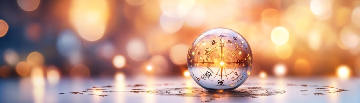 Enchanted Crystal Egg Close-up on a translucent orb with internal zodiac and compass details, resting on a glowing cosmic chart against a magical bokeh panorama. Destiny's path.