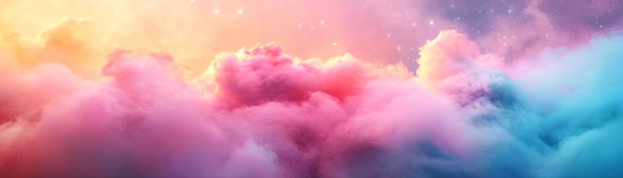 Ethereal Gradient Sky Panorama Volumetric clouds awash in luminous pink, golden orange and tranquil blue, sparkling with distant stars; a cosmic dreamscape. Celestial, Nebula