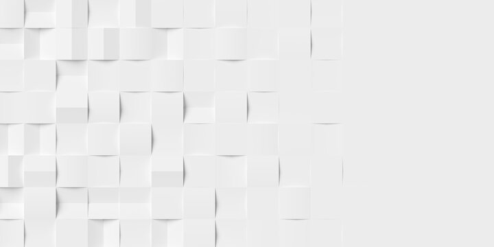 Grid of white cubes or boxes randomly rotated with shifted center lines background wallpaper banner fading out with copy space, flat lay