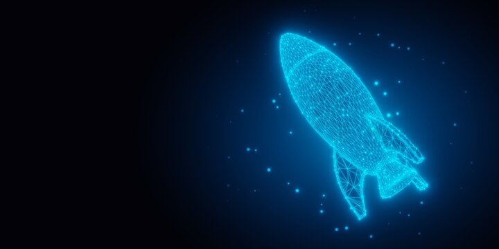 Blue wireframe rocket on dark black background, start up, business success or innovation idea concept