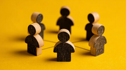 Obraz premium Wooden Figures Connect in Social Networking on Yellow Backdrop