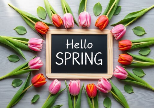 Hello spring seasonal greeting with colorful tulips and chalkboard