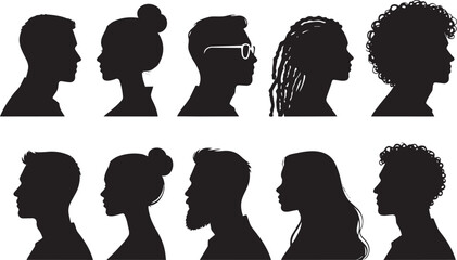 Diverse male and female side profile silhouettes illustrating variety of hairstyles and features