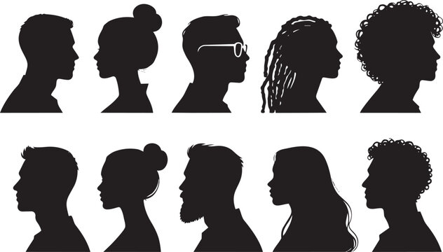 Diverse male and female side profile silhouettes illustrating variety of hairstyles and features