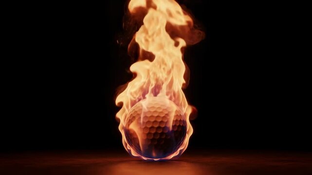 Golf ball engulfed in flames, creating a striking visual effect of fire and motion against a black backdrop, emphasizing the intensity of the scene
