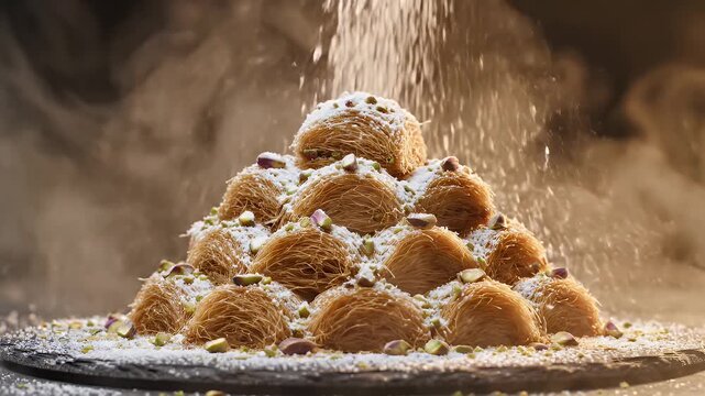 A dessert pyramid, dusted with powder, with pistachio garnish, and a misty ambiance