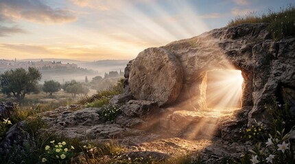 Fototapeta premium Empty stone tomb at sunrise with radiant sunbeams streaming through the entrance, set in a peaceful rocky landscape with wildflowers, symbolizing resurrection, hope, faith, and Easter.