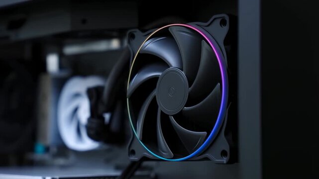 Slow motion tracking tilt of computer cooling fan spinning inside pc chassis with rgb ring lighting close up