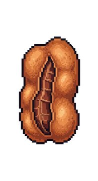 Pixelated illustration depicts an opened groundnut revealing its inner kernels against a white background.