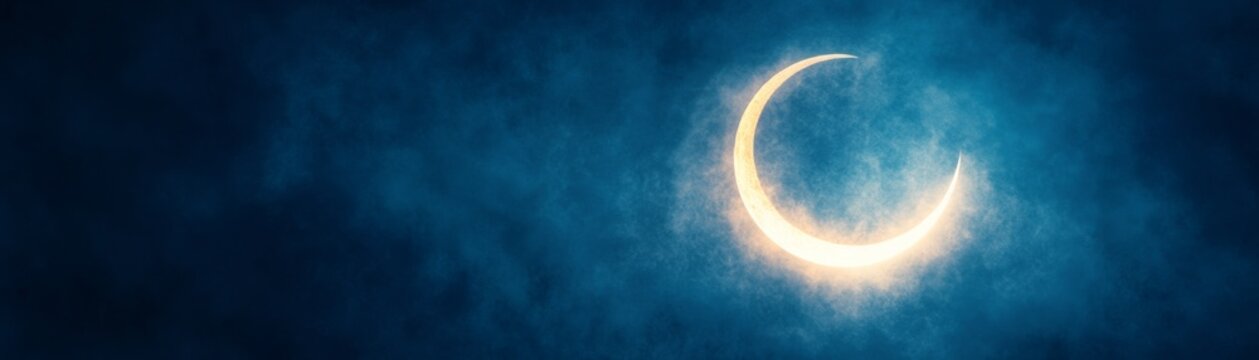 Luminous arc of a partial solar eclipse, strikingly vertical against a textured deep blue cosmic atmosphere. Abstract celestial light. Eclipse, Astronomy