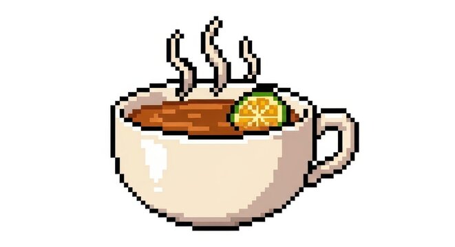 Steaming cup of hot beverage with citrus slice depicted in retro pixel art style