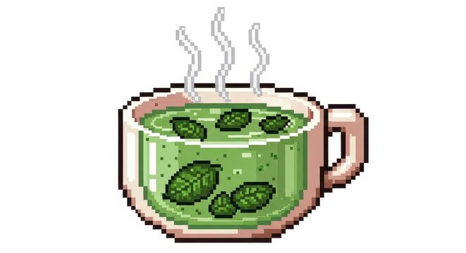Steaming cup of herbal infusion displays deep green liquid with floating leaves