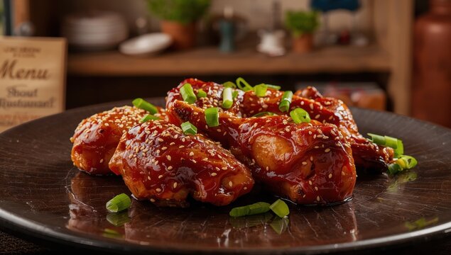 A detailed look at a dish of teriyaki chicken.
