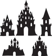 Obraz premium Set of five different fantasy castles silhouettes in varying sizes and architectural styles