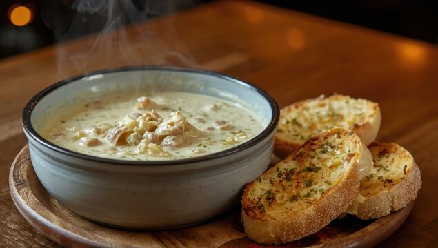 A dish of smooth clam soup accompanied by two garlic bread slices.