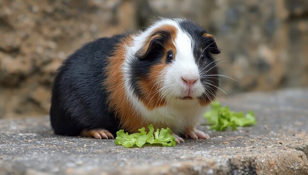 A guinea pig with black, brown, and white fur sits on a stone, looking at the camera.