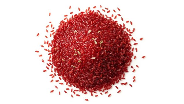 A mound of red fermented rice on a white backdrop.